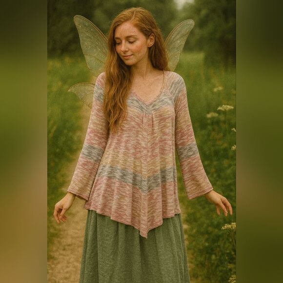 Pink Gray L/S Knit Tunic L Vneck Bohemian Fairy Grunge Ethereal Romantic Whimsy - Picture 1 of 7